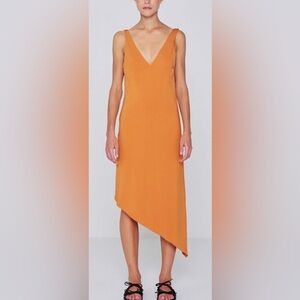 Remain Gosha Asymmetrical V-Neck Calf Midi Dress, Tomato Cream Orange, sz 2
